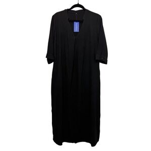 Chouyatou Womens Black Cotton Linen Split Neck Midi Dress Pocket Medium QSPGLTT